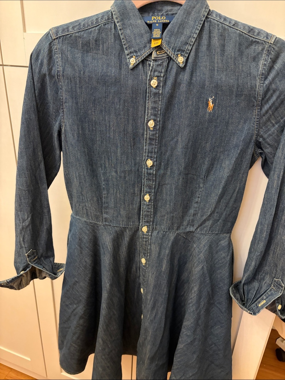 Polo by Ralph Lauren Girls' Denim Button-Down Dress in Blue with Polo Pony